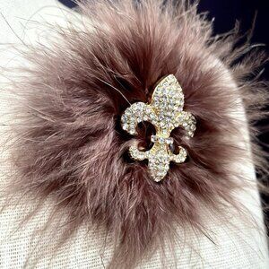 Brown Plume Feather Fleur de Lis Gem Brooch Pin Rhinestone Hat Purse